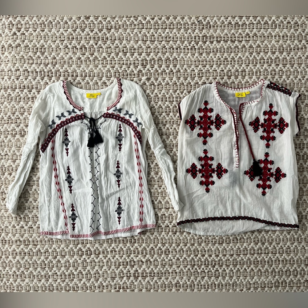 Roberta Roller Rabbit White Peasant Tops with Red and Black Embroidery